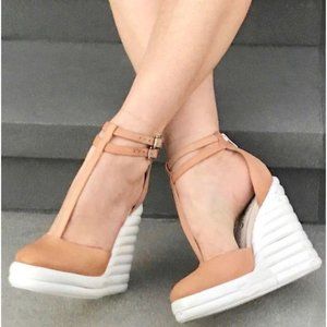 Jeffrey Campbell Sous Wedges Leather Camel White Bubble Strappy Platform Heels 6